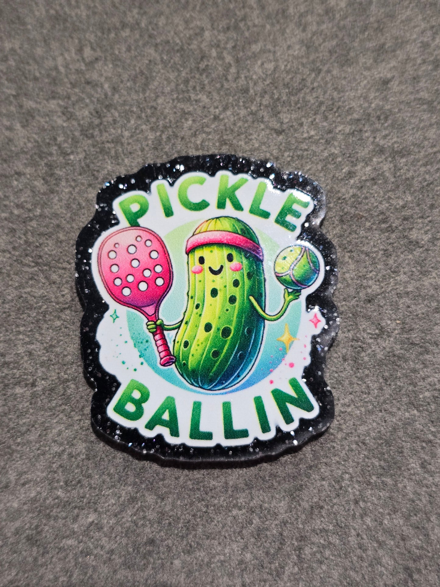 Acrylic Glitter Flatbacks- Pickle Ballin'