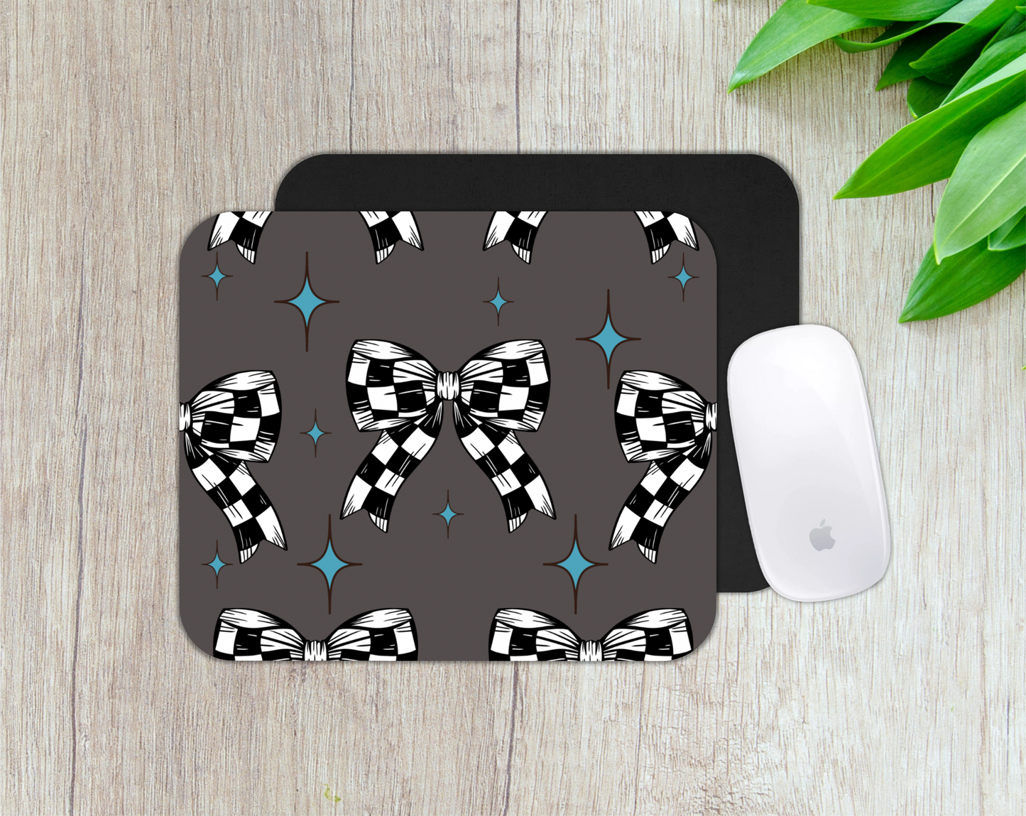 Checkered Bow and Grey Mousepad