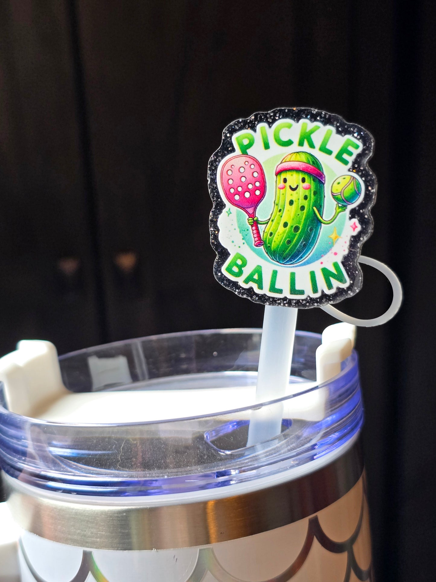 ✨️Acrylic Glitter Straw Toppers-Pickle Ballin'✨️
