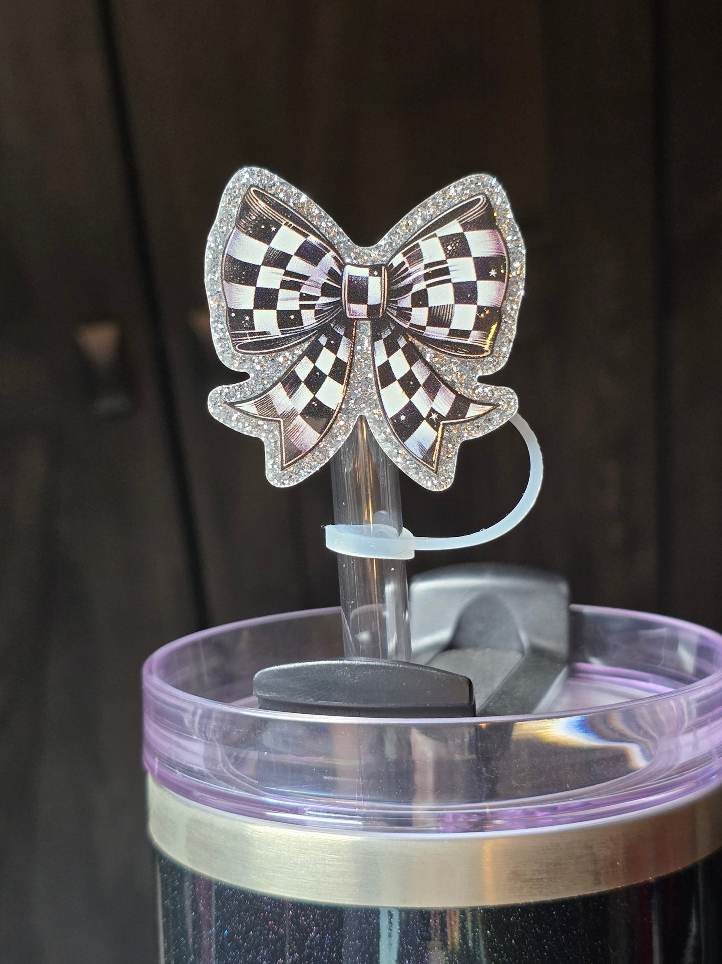 ✨️Acrylic Glitter Straw Toppers- Checkered Bow✨️